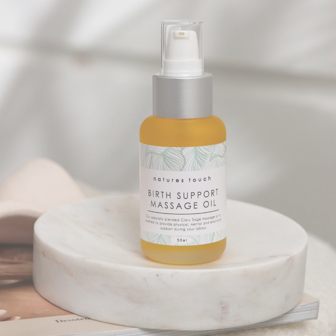 Our Birth support massage oil contains our clary sage essential oils blend to support labor and birth. Ideal for use with  hypnobirthing 