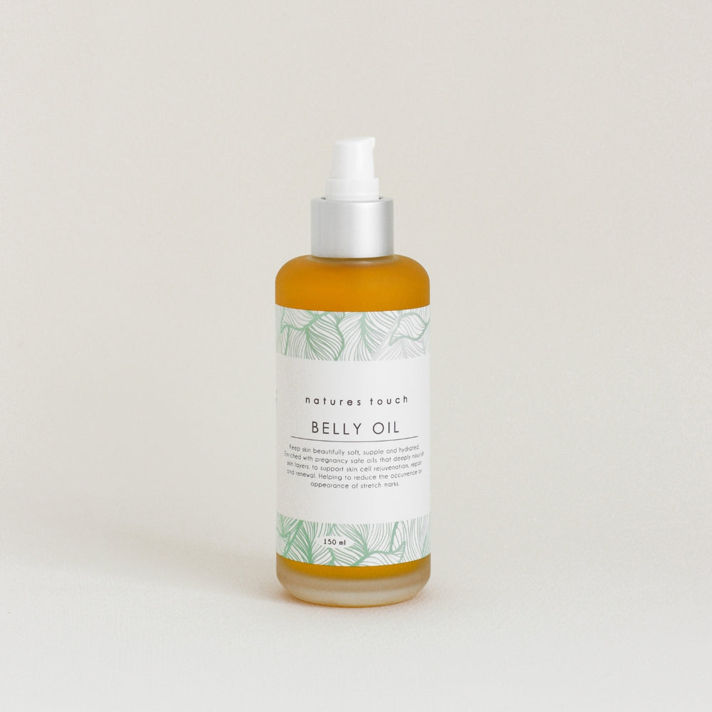 Natures Touch NZ natural belly oil, nourishes and hydrates skin helping reduce the occurrence of stretch marks. our convenient pump bottle available in 100 & 150mls