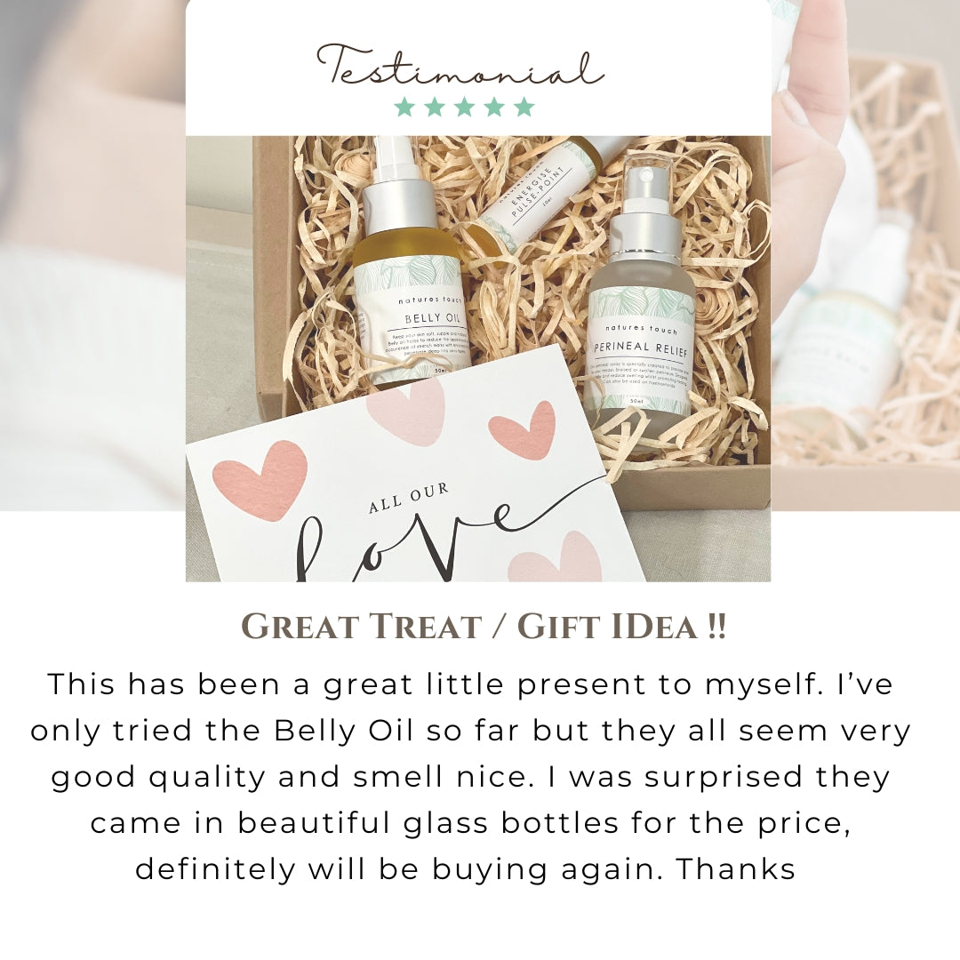 A customers review of Natures Touch New Mum gift box. Showing a trio of postpartum care products; Belly, Body and Stretch mark oil, perineal relief spray and an energise aromatherapy pulse point