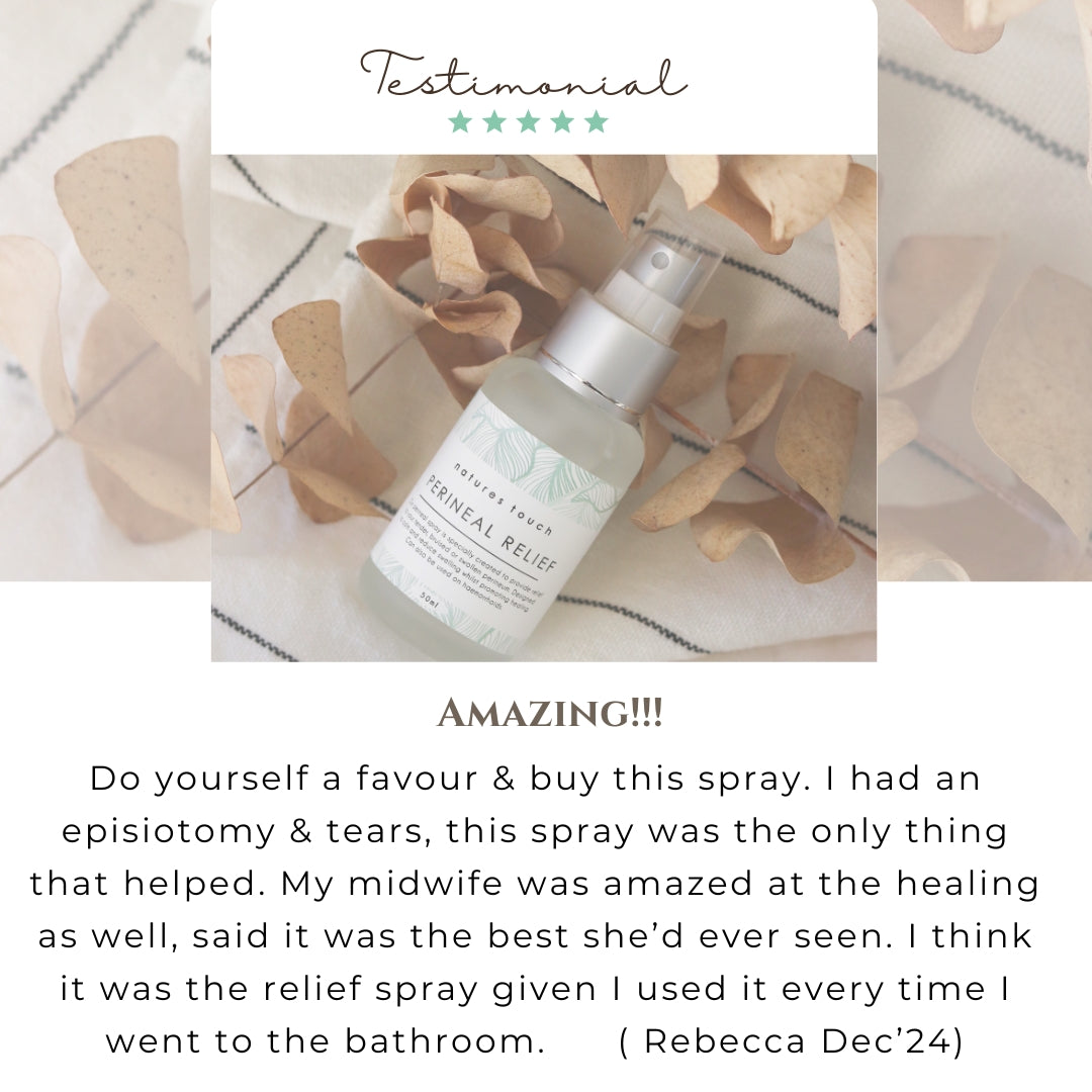 A birth bag essential for postpartum recovery. Our Perineal Relief Spray with witch hazel soothes vaginal tears, lacerations, and swollen haemorrhoids, reducing pain and swelling after birth. Naturally support healing and comfort.