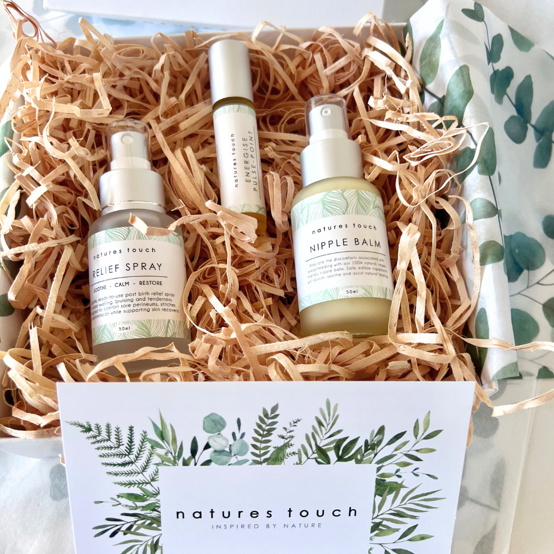 
                  
                    A gift box set from Natures Touch containing a Relief Spray, Nipple Balm, and an aromatherapy pulse point.  
                  
                