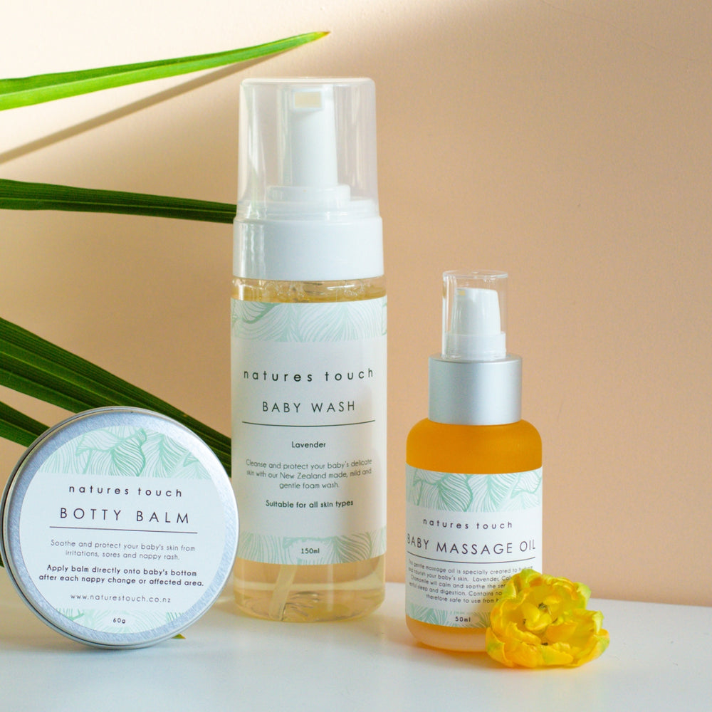 A delightful trio of natural baby care products. Botty balm, baby massage oil, foaming baby wash