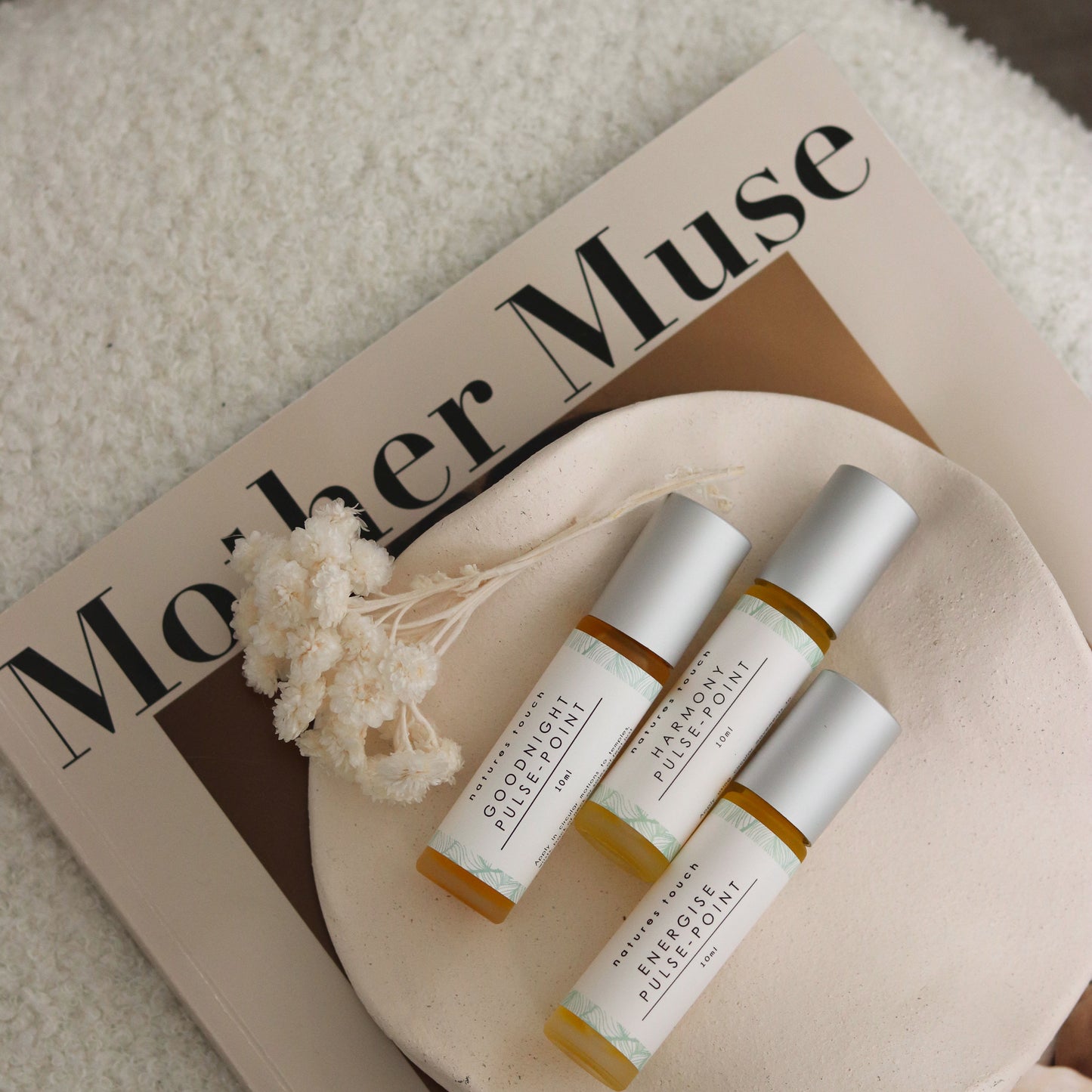 a trio of aromatherapy pulse point essential oils to support motherhood, postnatal Well-being, menopause and PMS