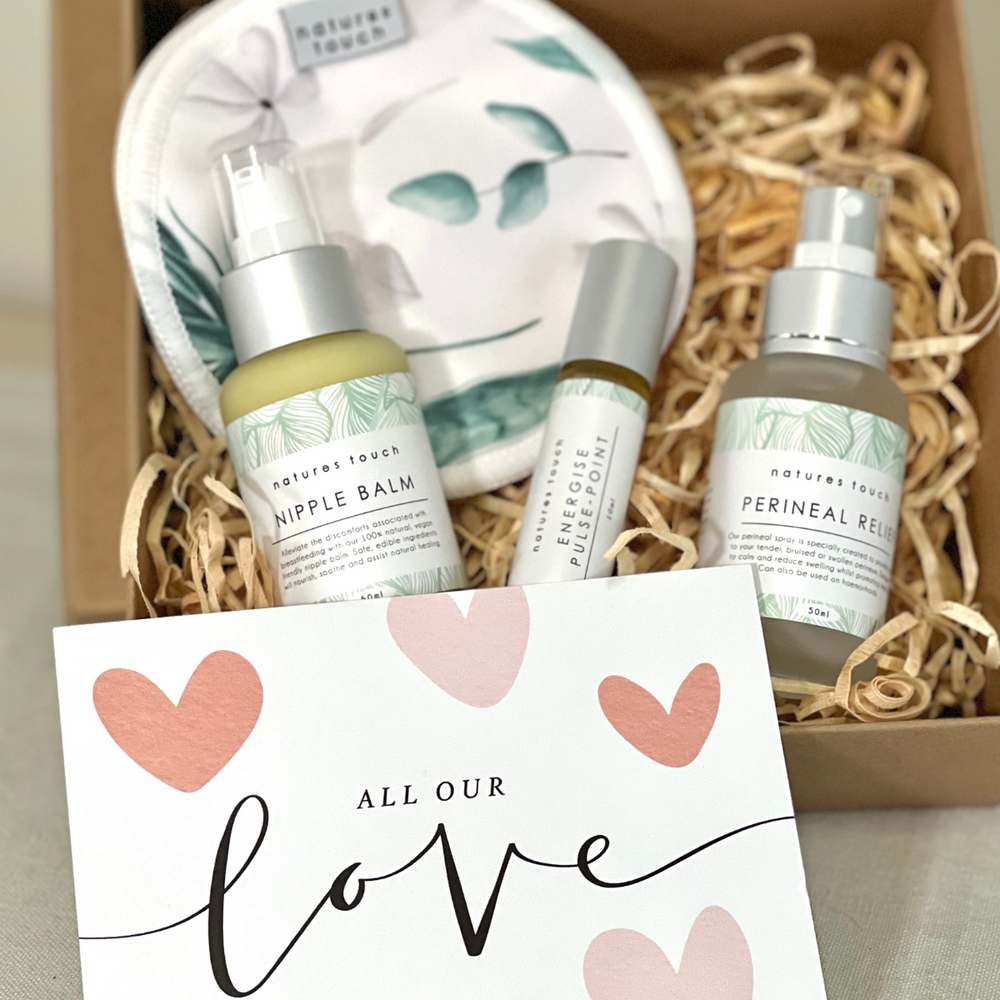 New Mum Care Pack with natural postpartum essentials for perineal relief, breastfeeding support and recovery.