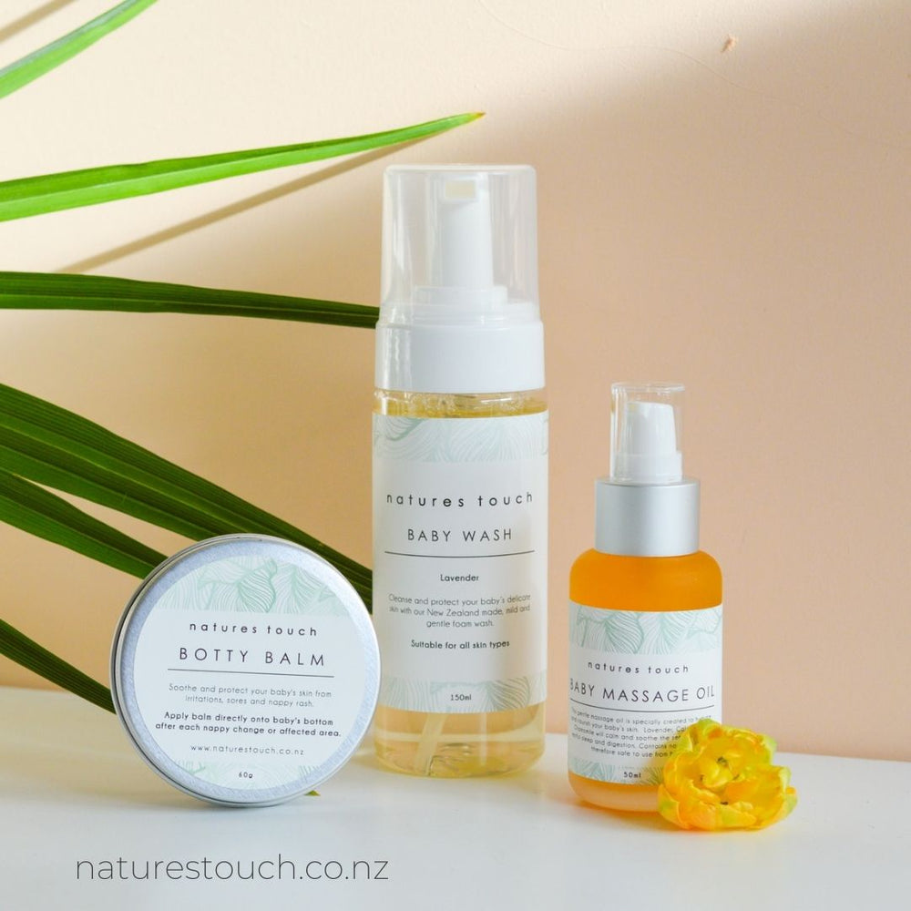 
                  
                    A delightful trio of natural baby care products. Botty balm, baby massage oil, foaming baby wash
                  
                